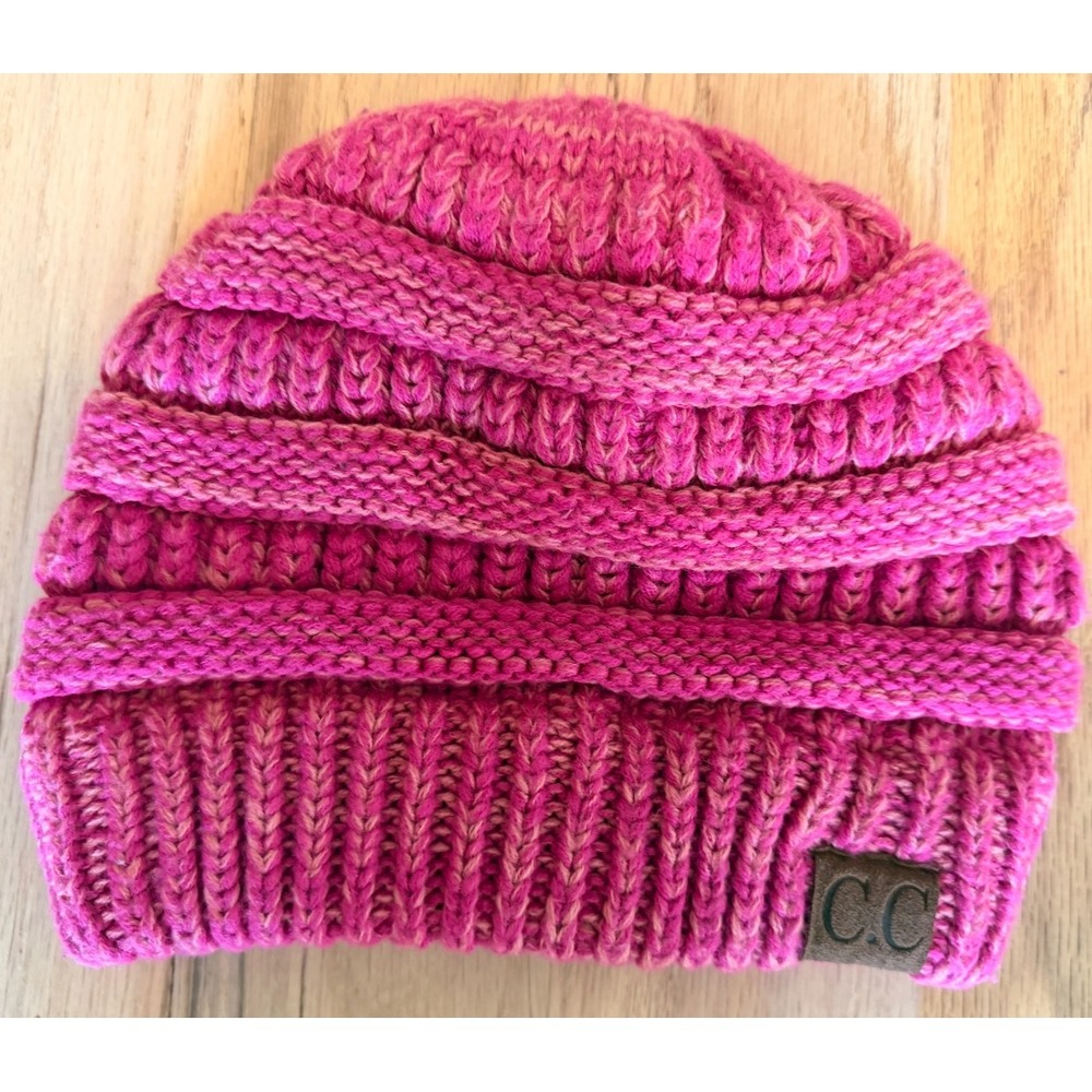 C.C. Exclusives Beanie Pink Mixed Cable Knit Leather Logo Patch Hat